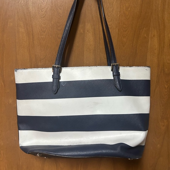 Rehab Michael Kors Jet Set Travel Stripe Navy Blue+White Saffiano Leather Tote - Picture 2 of 12